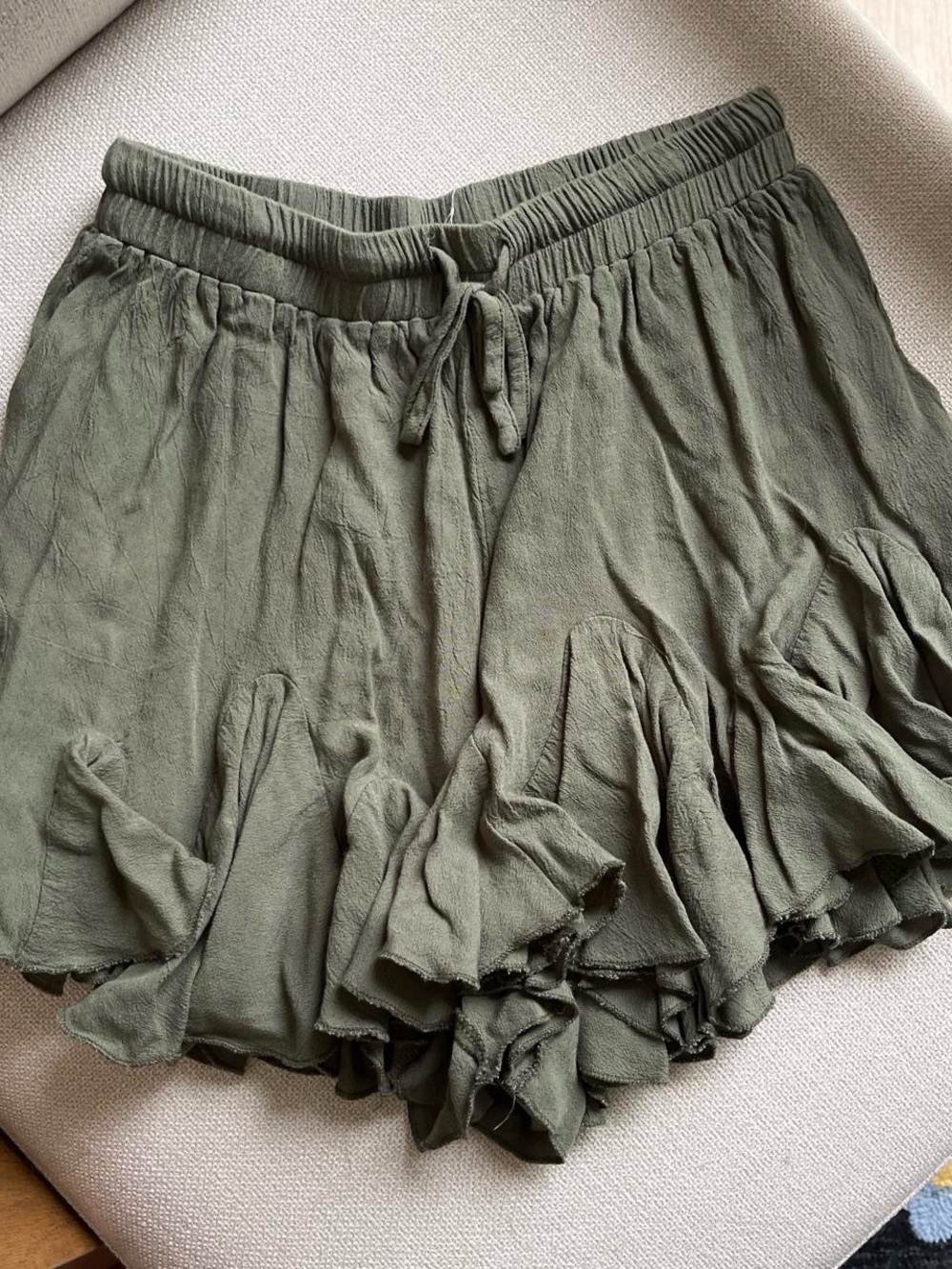 Olive Ruffle Hem Drawstring Women’s Shorts